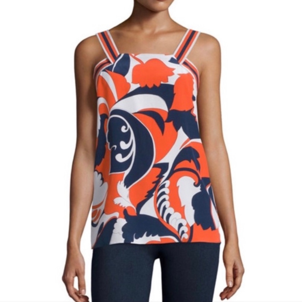 Trina Turk Silk Paisley Orange and Navy Floral Print Sleeveless Blouse Top (Sm)